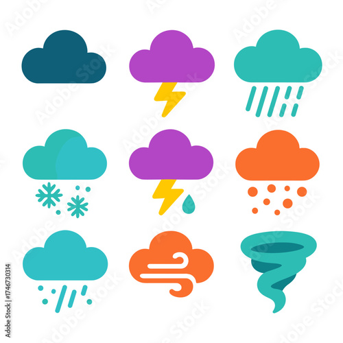 Vibrant Weather Icons. Weather storms flat icon set. dark storm cloud, lightning cloud, heavy rain cloud, hail cloud, snowstorm cloud, thundercloud, windy cloud, tornado cloud.