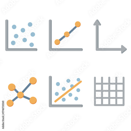 Data Visualization Icons. Data correlation isometric set. scatter plot, line chart, axis, connected dots, regression line, grid.