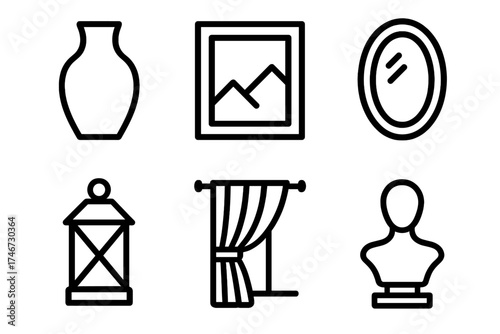 Sunroom Decor Icons. Decor sunroom outline set. vase, picture frame, mirror, lantern, curtain, sculpture.