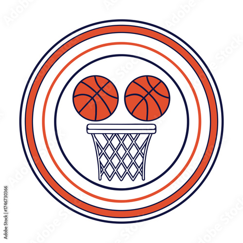 Basketball emblem featuring two hoops and net inside a star-studded circular border design