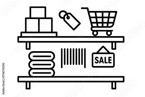 Retail Shelf Display. Retail shelf outline set. stacked boxes, price tag, shopping cart, folded clothes, barcode line, sale sign