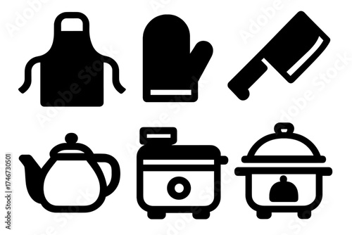 Brutalist Kitchen Icons. Kitchen silhouette set. apron, oven mitt, food tray, chopping cleaver, tea pot, spice jar, rice cooker, serving platter.