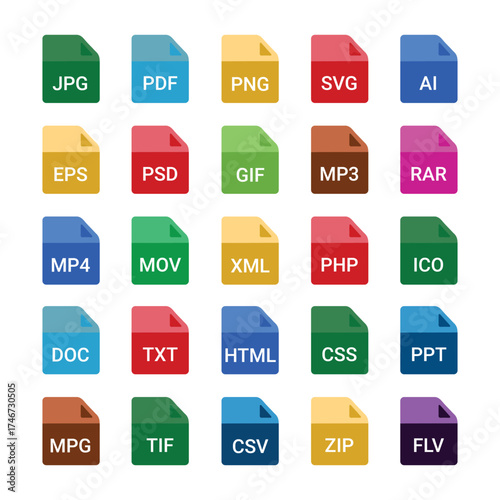Colorful file type icon set, vector illustration of document extensions for digital storage and data management