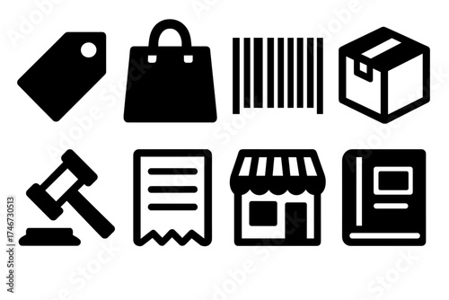 Marketplace Icon Set. Marketplace Listing silhouette set. price tag, shopping bag, barcode, product box, auction gavel, receipt, storefront, catalog book.