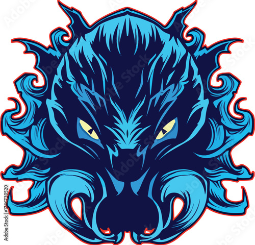 Fierce Blue Mythic Beast Mascot — Demon Mask Vector T‑Shirt Design
