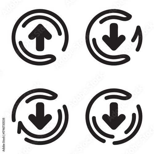Circular reload and refresh arrow icon set, black vector silhouette symbols for synchronization and update concepts