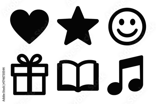 Brutalist Icon Set. Personal preferences silhouette set. heart, star, smiley face, gift, book, music note.