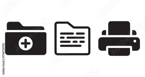 Folder and printer silhouette icon set, digital file management and office equipment vector design