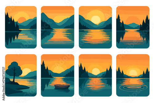 Vibrant Lake Serenity. Nature lake flat icon set. forest by water, mountain lake, reflected sky, glowing sunset, ripples in circle, tree on shore, peaceful boat, horizon shine.