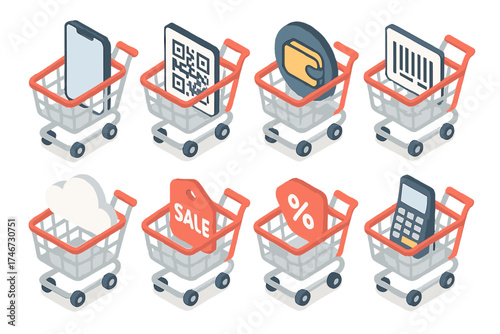 Digital Shopping Icons. Digital shopping isometric set. cart with smartphone, cart with QR code, online checkout cart, e-wallet cart, cart with barcode, cloud shopping cart
