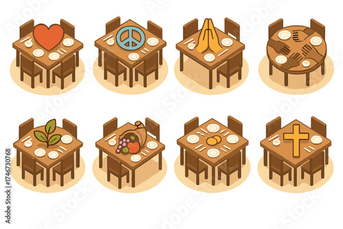 Symbolic Table Icons. Symbolic table isometric set. heart dinner table, peace meal table, gratitude table, unity table, harmony circle table, prosperity table, abundance table