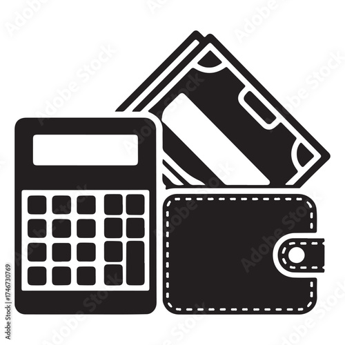black calculator, wallet, money, financial concept clip art preview
