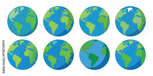 Eight oval illustrations of planet earth showing different continents and oceans
