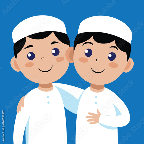 Two happy young muslim boys wearing traditional white islamic clothing and kufi hats standing together in a close embrace showing friendship and brotherhood