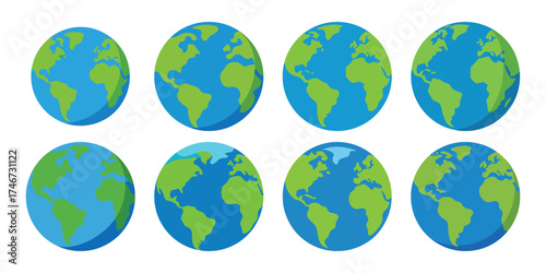Collection of eight stylized oval earth globes showing continents and oceans against a white background