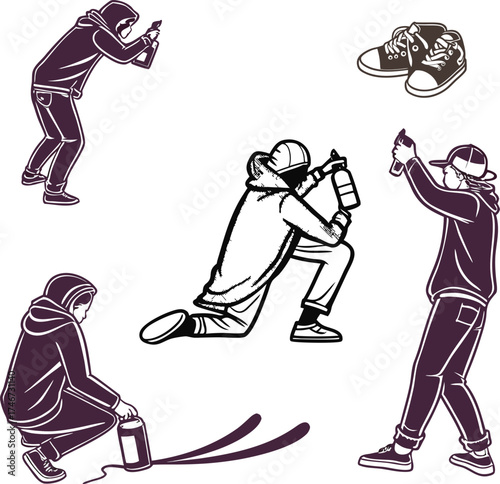 Set of graffiti artists. Collection street art elements. Vector illustration