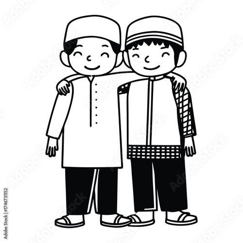 Two young muslim boys wearing traditional clothing and kufi hats smiling and embracing each other in a friendly gesture of brotherhood and togetherness