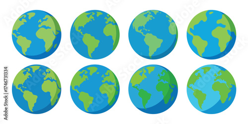 Eight oval shaped cartoon earth globes showing different continents and oceans