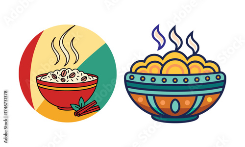 Vibrant hand drawn illustration of two delicious bowls of hot steaming rice dishes with spices and decorative elements