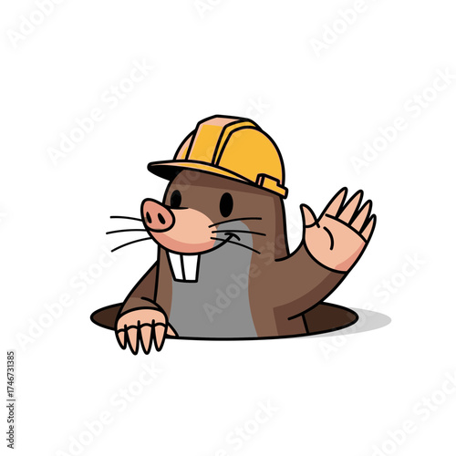 Cartoon mole waving from a hole while wearing a hard hat  