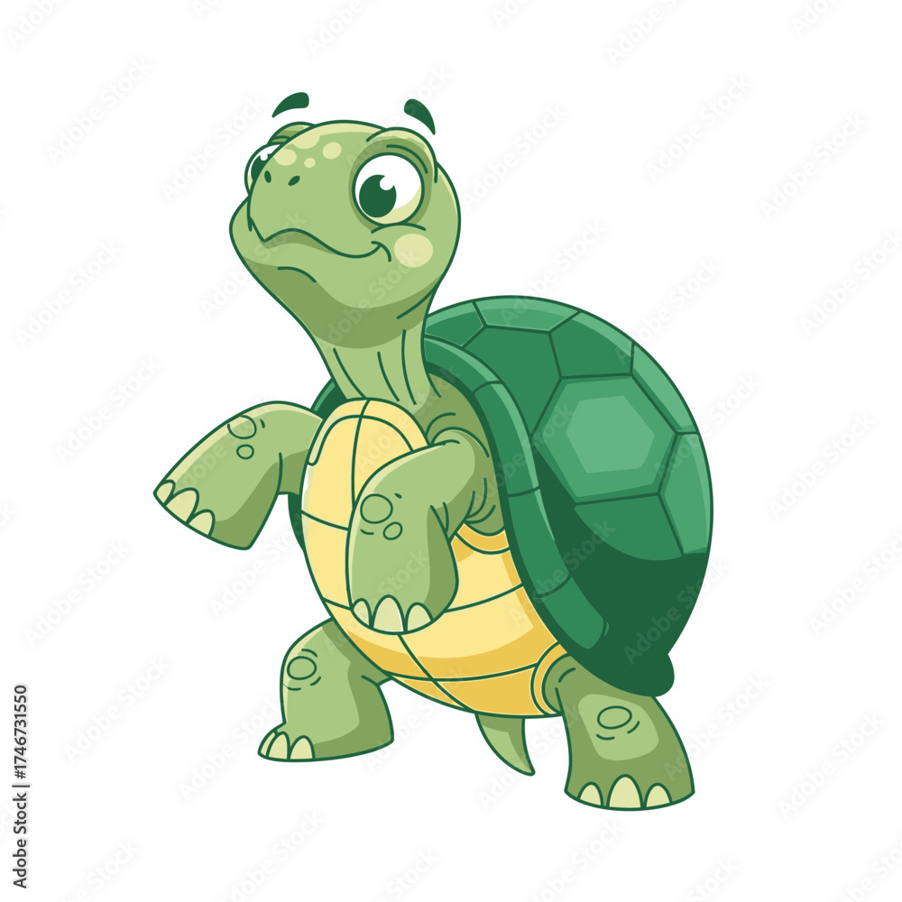 Fototapeta premium Cartoon turtle standing and looking cheerful with a green shell
