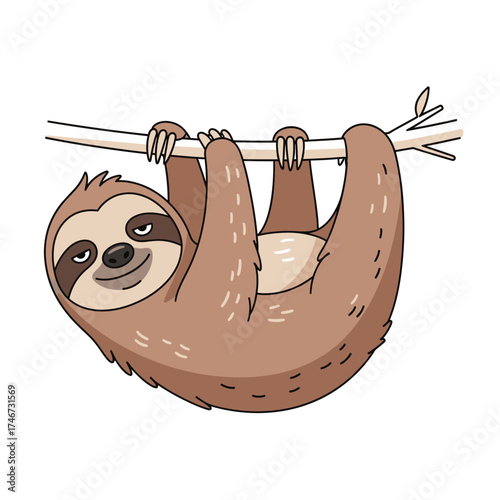 Cartoon sloth hanging upside down from branch with a relaxed expression  