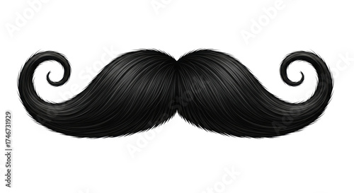 Isolated black curly mustache vector drawing, funny mask element, hair details, retro style
