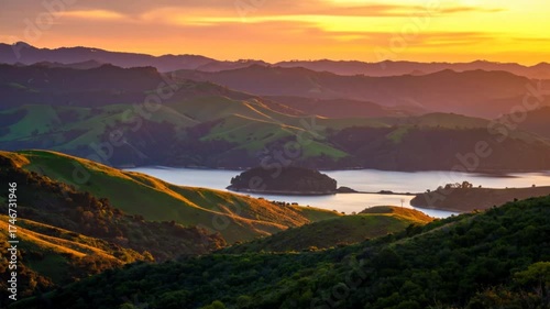 Golden hour over rolling hills and a serene lake