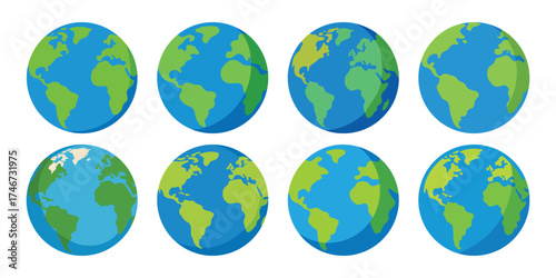 Eight oval shaped illustrations of planet earth showing different continents and oceans