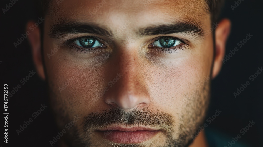 Obraz premium Man with striking blue eyes gazes intently at the camera in a close-up portrait during an indoor lighting session