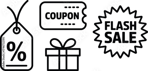 Vector art of outline icons of sale, coupon, and gift box.