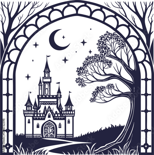 Enchanted Fairy Tale Castle Silhouette at Night with Ornate Archway, Crescent Moon, Stars and Blooming Tree, Magical Fantasy Landscape Vector Illustration