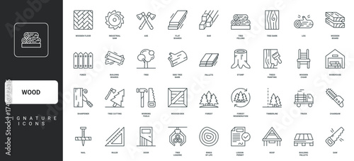 Forest tree and timber, log, carpenters tools thin black and red outline symbols vector illustration Wood, logging and forestry, wooden construction materials production, carpentry line icon set.