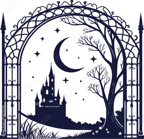 Enchanted Castle Silhouette with Crescent Moon, Stars, Bare Tree, and Ornate Archway – Fairytale Fantasy Night Vector Illustration for Storybook, Poster, or Children’s Wall Art