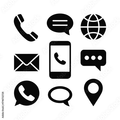 Collection of nine black communication icons on white background phone