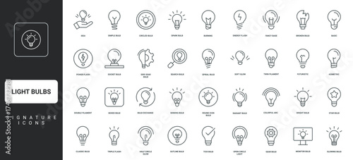 Different broken and bright lightbulbs thin black and red outline vector illustration Light bulb, energy saving electric lamp, symbol of creative idea, knowledge and brainstorm line icon set.