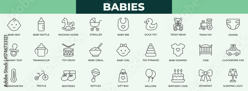 Babies thin line icon set. Baby bottle, baby boy, pushchair, ballon, bed, birthday, bootie icons collection. 