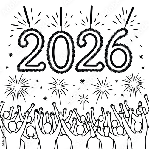 Happy new year 2026 celebration with fireworks and cheering crowd