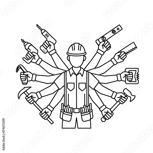 Multitasking construction worker with many tools and arms