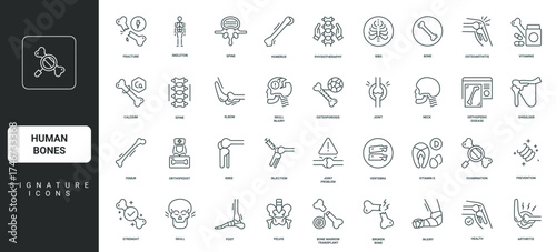 Pain of broken bone, osteoarthritis thin black and red outline symbols vector illustration Human bones and joint care, rheumatology, medical support for orthopaedic diseases, injury line icon set.