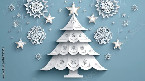Stylized white paper Christmas tree with hanging snowflakes and stars on a blue background