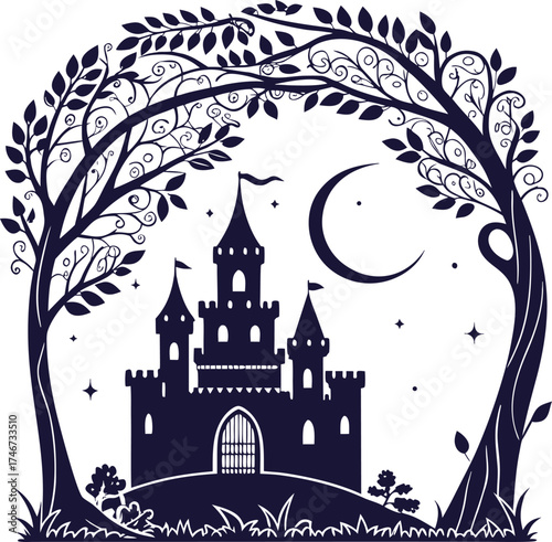 Magical Fairytale Castle Silhouette with Crescent Moon, Stars, and Ornate Tree Branches – Enchanted Fantasy Vector Illustration for Storybook, Poster, or Children’s Wall Art