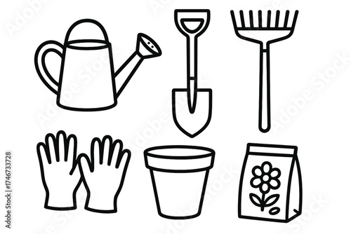 Garden Tools Outline. Garden tools outline set. watering can, spade, rake, gloves, flower pot, seed packet