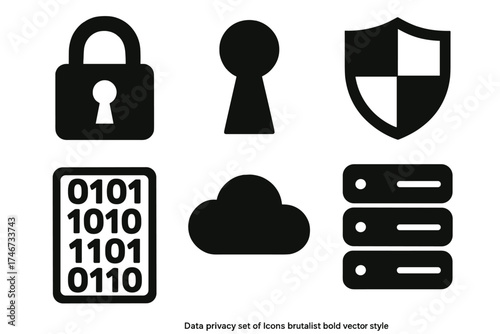 Bold Data Privacy Icons. Data privacy silhouette set. lock, keyhole, shield, binary code, cloud, server.