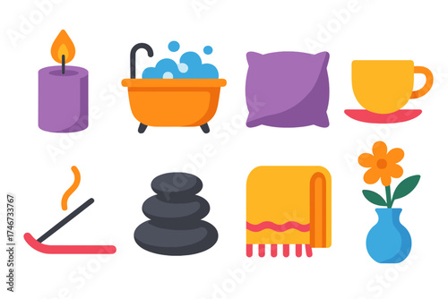 Relaxation Essentials Icons. Relaxation Self-Care flat icon set. candle, bubble bath, soft pillow, tea cup, incense stick, massage stones, cozy blanket, flower vase.