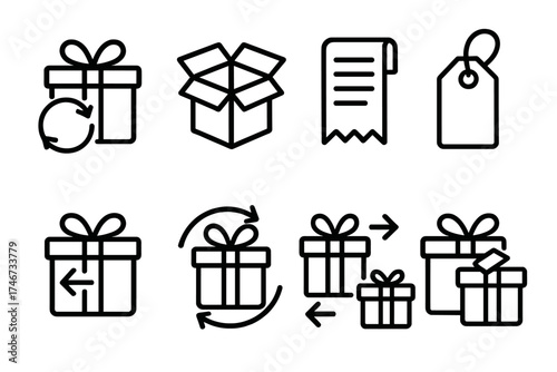 Gift Exchange Icons. Exchange gift outline set. present with circular arrow, open package, return receipt, tag with loop, gift back icon, wrapped box with arrows, swap box