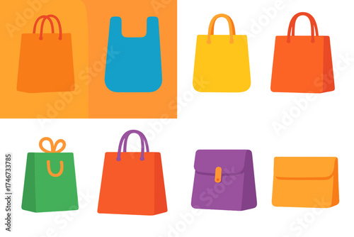 Modern Bag Icons. Classic bags flat icon set. paper shopping bag, plastic bag, cloth tote, reusable bag, small gift bag, large carry bag, folded bag, flat bag.