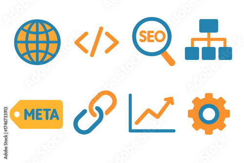 Web Icons Collection. Web metadata flat icon set. globe, HTML brackets, SEO magnifier, sitemap grid, meta tag label, link chain, analytics chart, gear wheel.