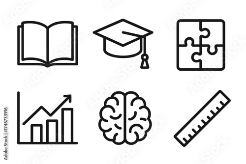 Educational Icons Outline. Learning attention span outline set. open book, graduation cap, puzzle piece, chart, brain, ruler.