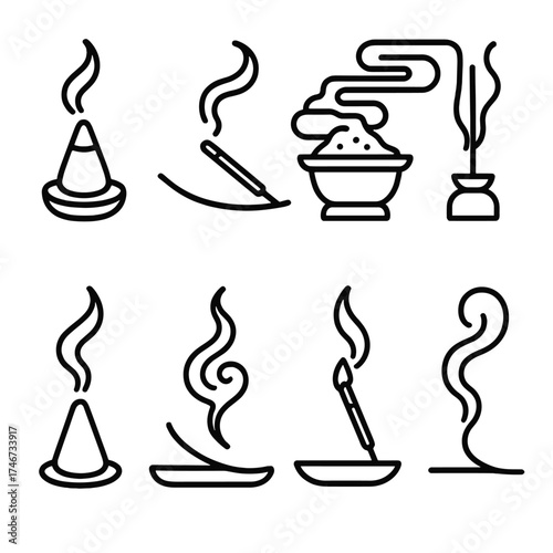 Incense Icon Collection. Sacred incense outline set. cone with smoke, stick on stand, curling wisp, layered smoke, altar incense, glowing ash, symbolic smoke, serene trail.